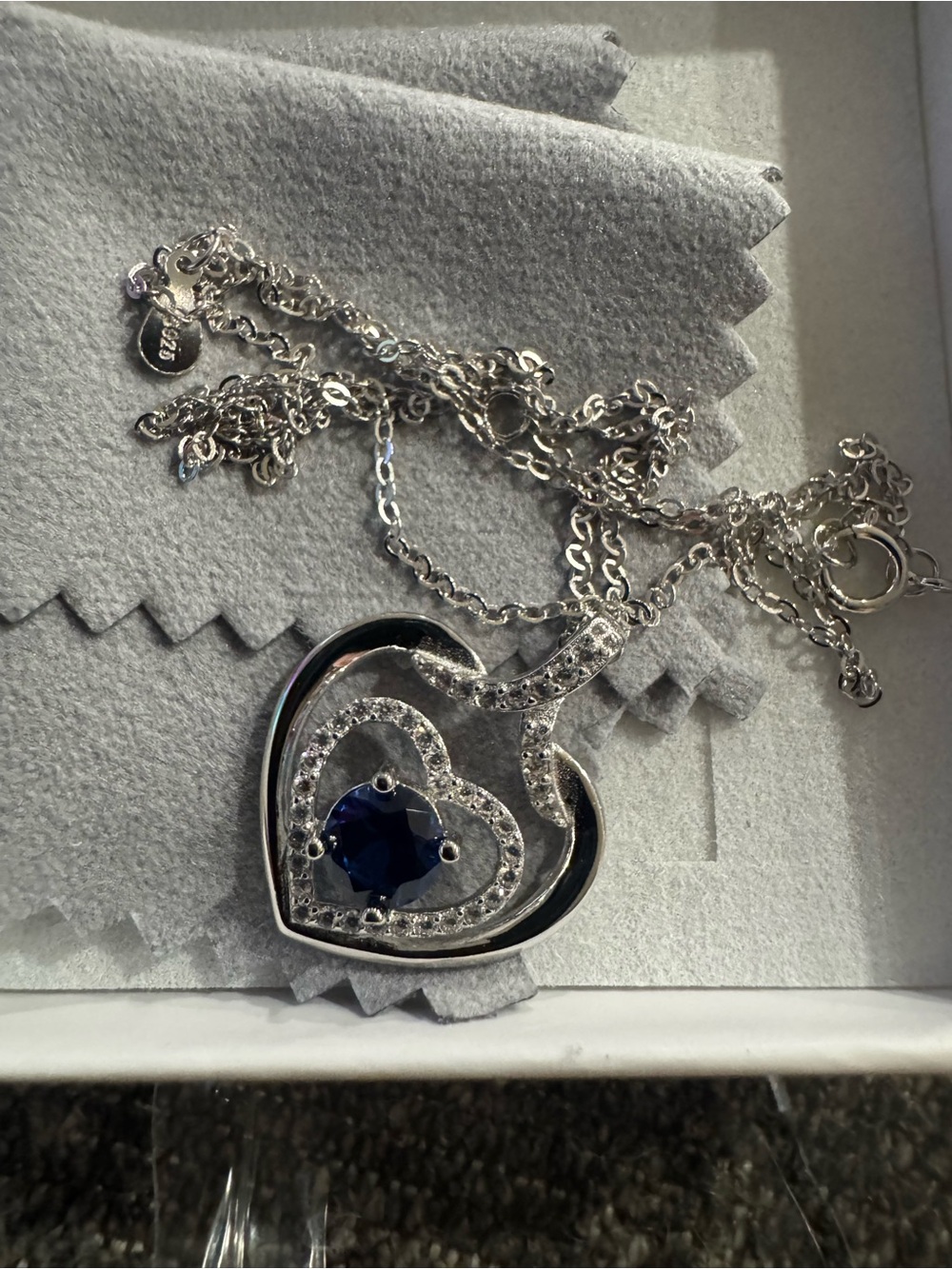 Sterling Silver Heart Pendant Necklace with lab created sapphire Center Stone